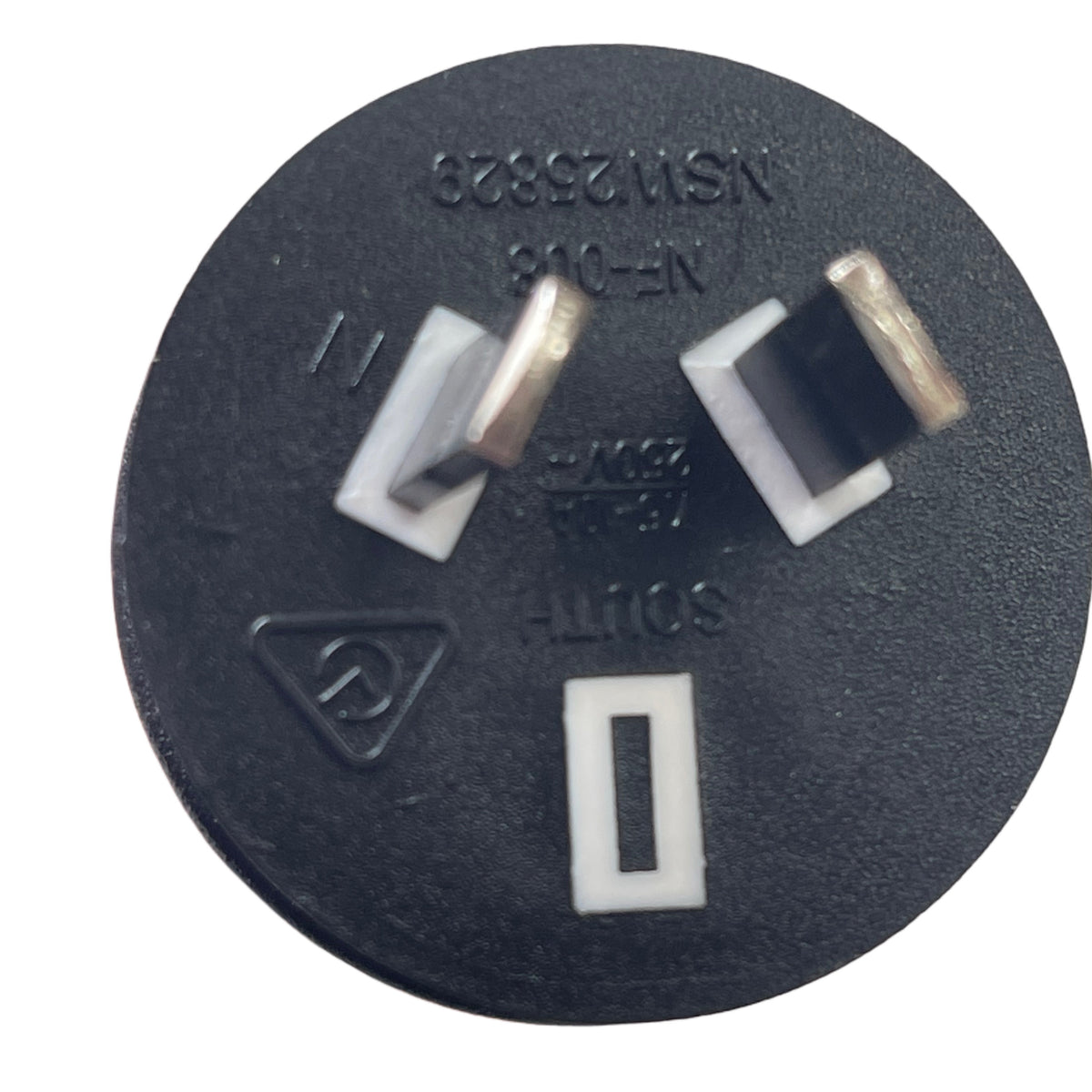 Close-up of the Australian three-pin plug on the Figure 8 power lead
