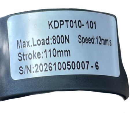 Kaidi KDPT010-101 label showing 110mm stroke, 800N maximum load and 12mm/s speed
