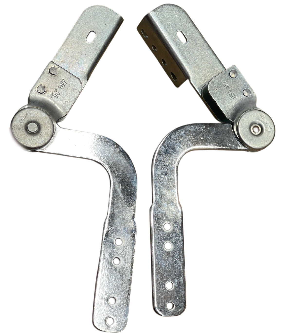 Example pair of curved metal mechanisms with pivot joints and mounting holes