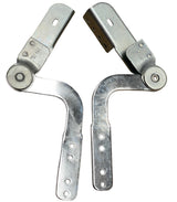 Example pair of curved metal mechanisms with pivot joints and mounting holes