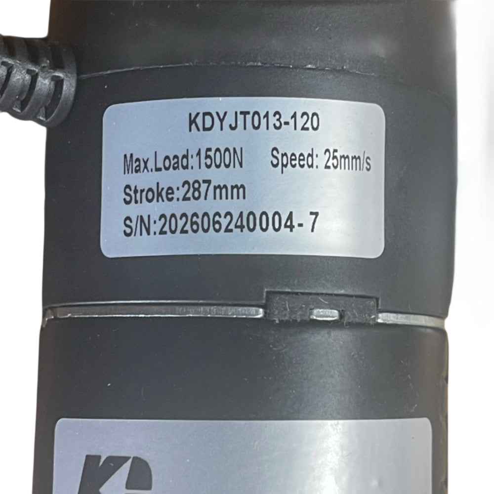Kaidi KDYJT013-120 label showing 287mm stroke, 1500N and 25mm/s