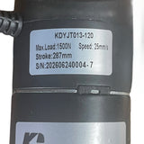 Kaidi KDYJT013-120 label showing 287mm stroke, 1500N and 25mm/s