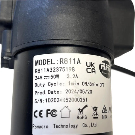 RMT R811A32375198 actuator label showing 24V DC 50W 3.2A and 1 minute on 8 minutes off duty cycle